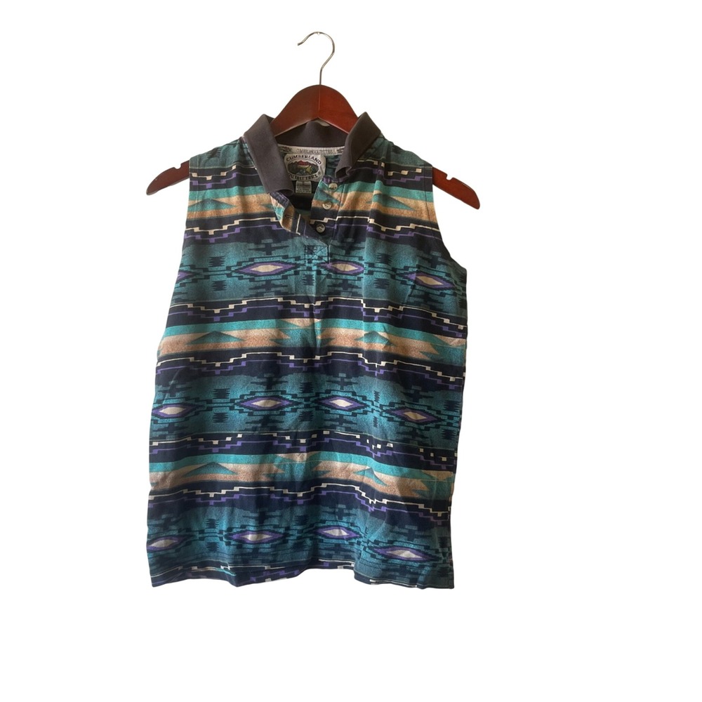 Vintage 90s‎ Cumberland Womens Sleeveless Polo Shirt Aztec Print Casual Top